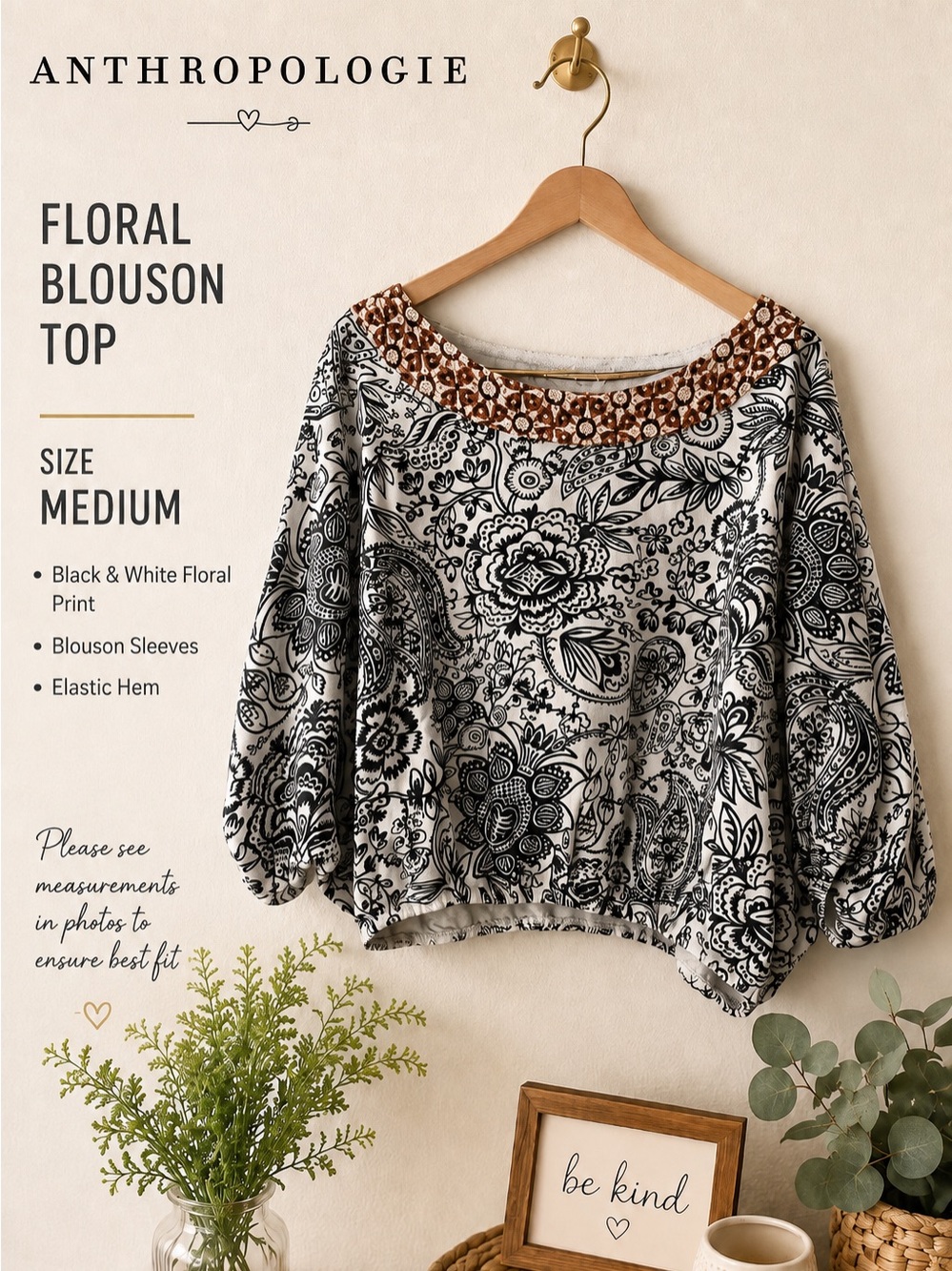 🖤Anthropologie Black White Floral Blouson Top Embellished Neckline Size M